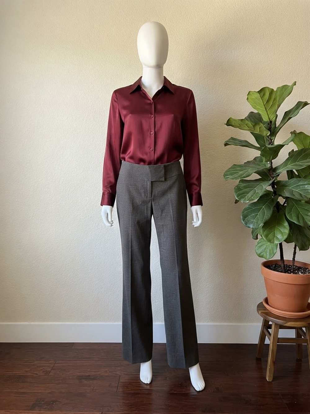 torrid Maroon Satin Blouse with Charcoal Gray Tailored Trousers